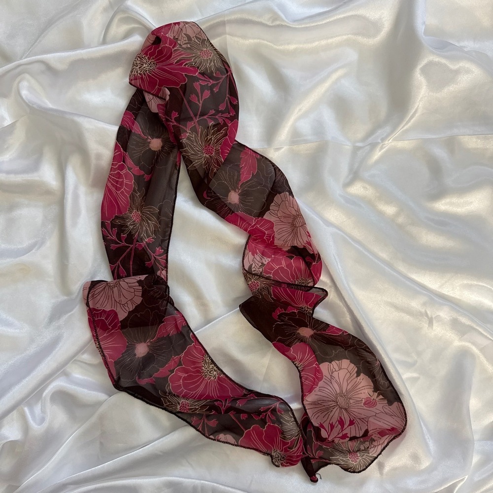Vintage Floral Sheer Scarf Pink Brown Y2K Retro Neck Tie Accessory - Picture 2 of 3